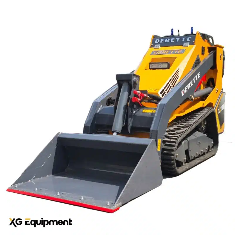Derette XC1100 mini skid steer loader showing the standard bucket and high visibility operator platform.