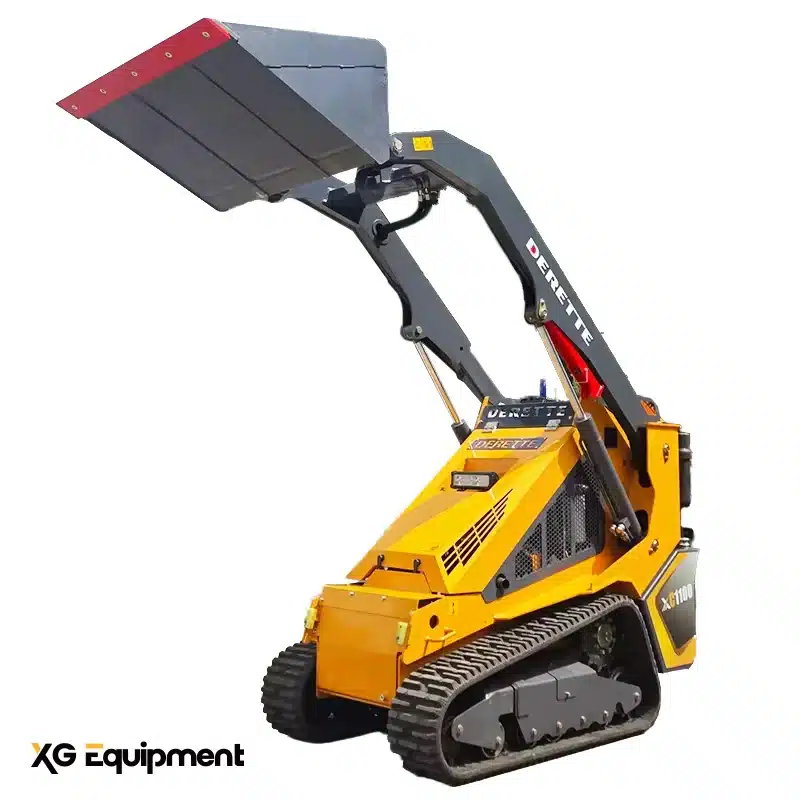 Derette XC1100 mini loader raising its boom while maintaining steady performance with the integrated counterweight.