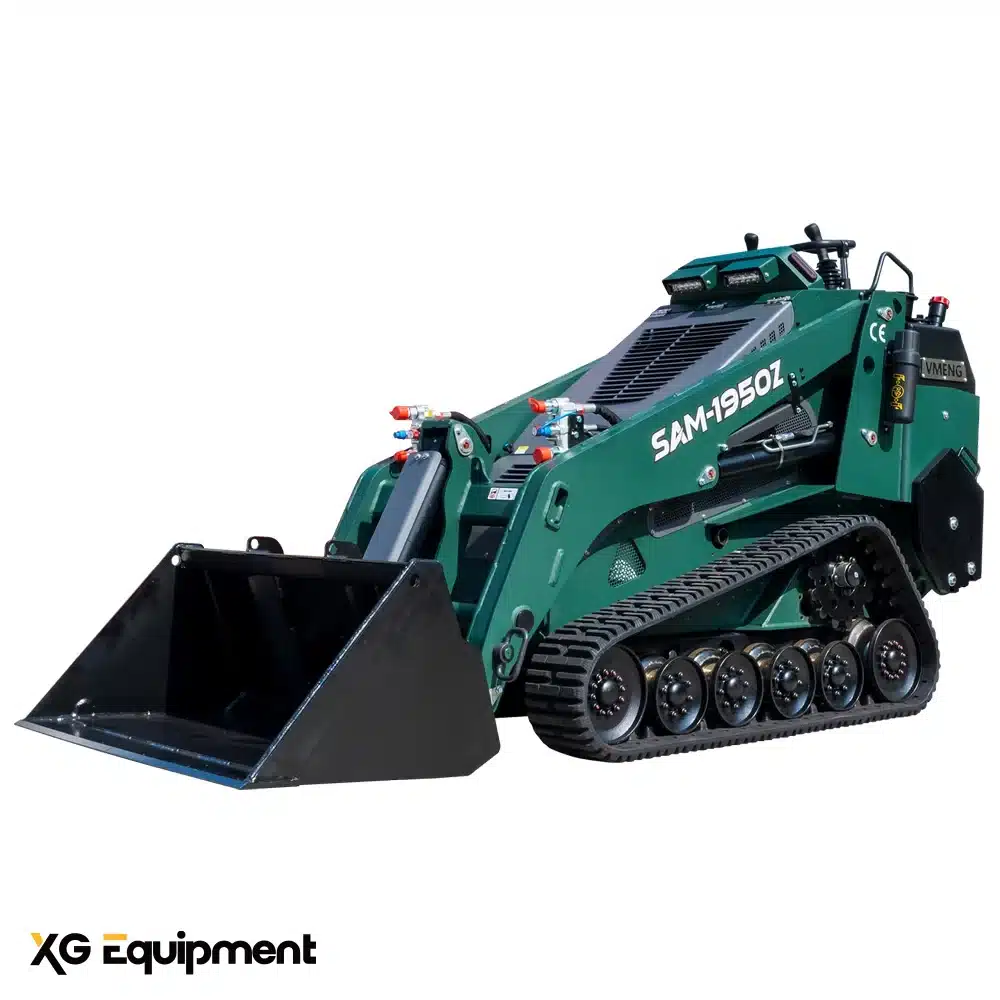 VMENG SAM-1950Z mini loader showing its compact 45.6-inch width and standard bucket.